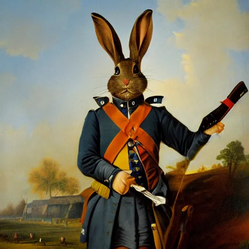 Prompt: a painting of a rabbit wearing Continental Army Uniform of an officer