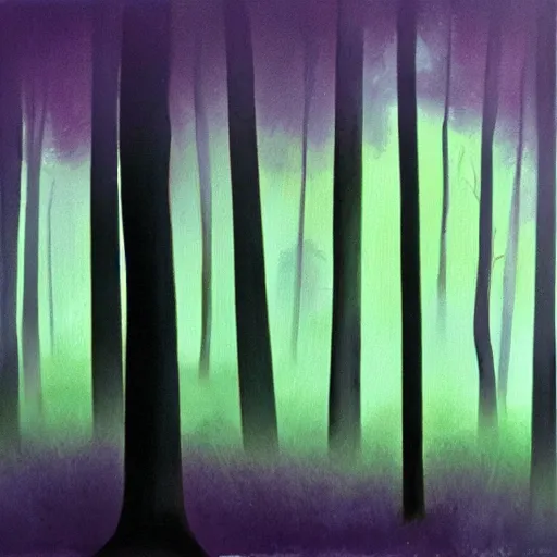 Prompt: Dense, foggy, violet woods with fireflies flying around. Chiaroscuro gouache.