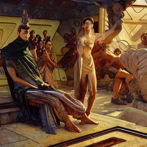 Image similar to popular STAR TREK movie scene in ancient Greece, (SFW) safe for work, photo realistic illustration by greg rutkowski, thomas kindkade, alphonse mucha, loish, norman rockwell