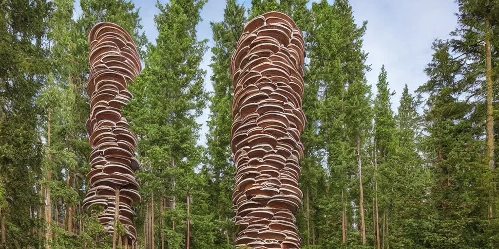 Prompt: tall tower residence made from enormous mushrooms, pacific northwest, round doors