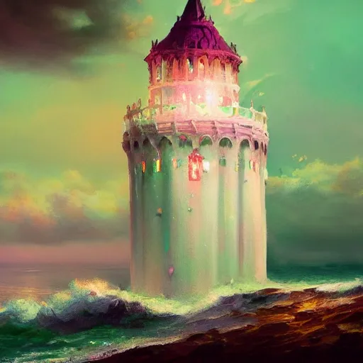 Image similar to a delicate ornate white fantasy tower with pink and green decoration splashes upwards from a turbulent ocean, dramatic lighting, rich colors, beautiful oil painting, artstation