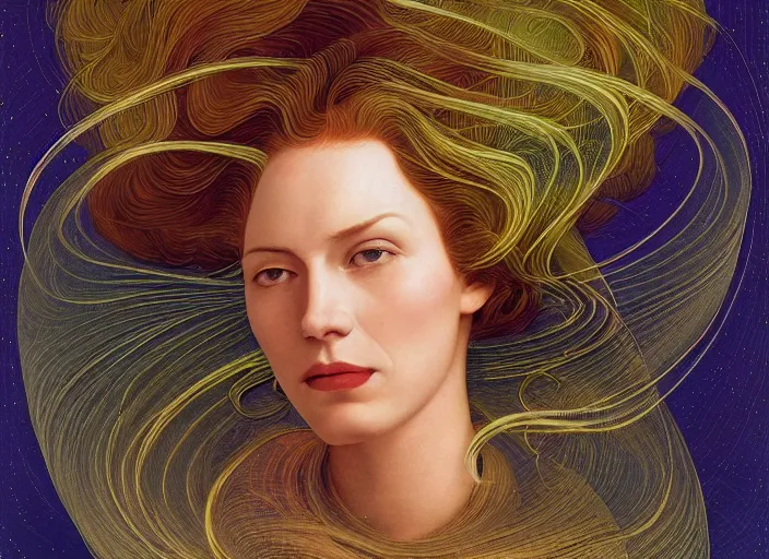 Image similar to portrait of a woman with swirling hair, illustration by James C. Christensen, retrofuturism, reimagined by industrial light and magic