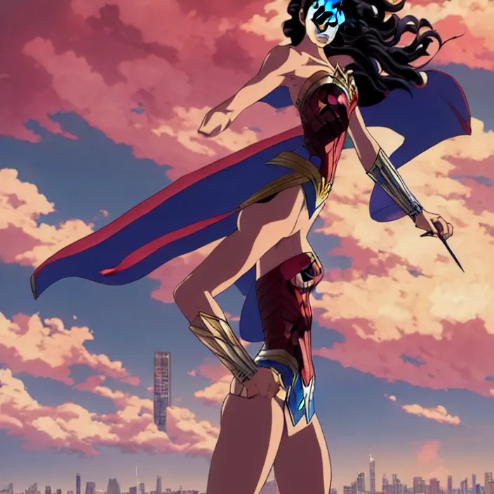 Image similar to painting of bloodlines wonder woman with urban japanese city in the background in the style of cowboy bebop, calm, fantasy character portrait, dynamic pose, above view, sunny day, thunder clouds in the sky, artwork by makoto shinkai, very coherent asymmetrical artwork, sharp edges, perfect face, simple form, 1 0 0 mm