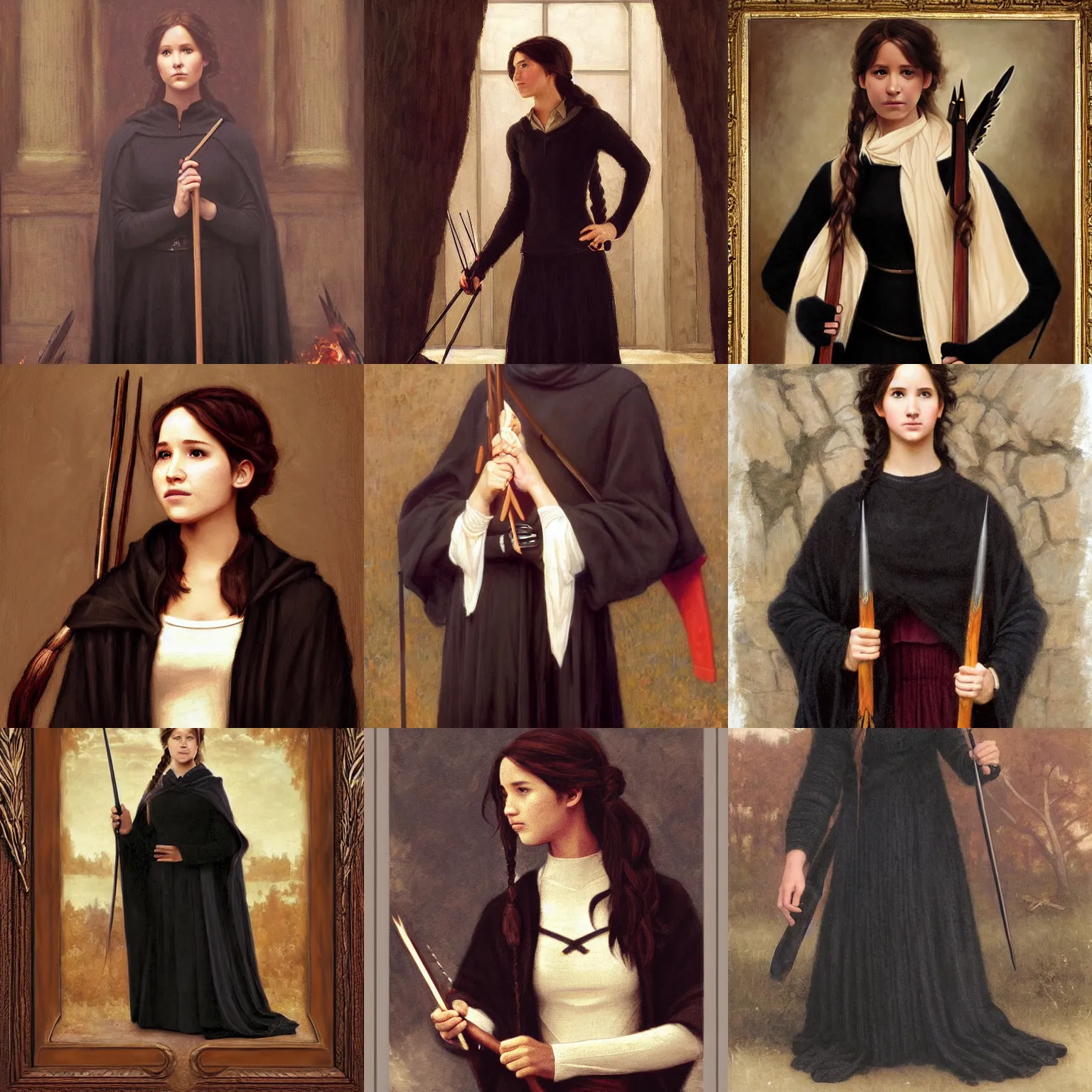 Prompt: ( katniss everdeen ) as a hermione granger, black wool sweater, cloak, skirt, holding wand, hogwarts great hall, oil painting by bouguereau