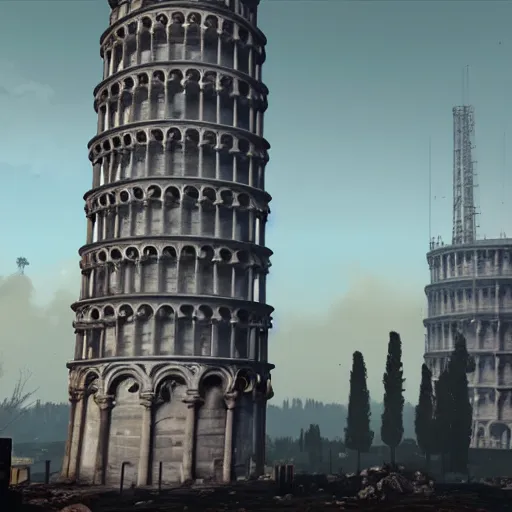 Image similar to Tower of Pisa destroyed post-nuclear war in Fallout 4, in game screenshot