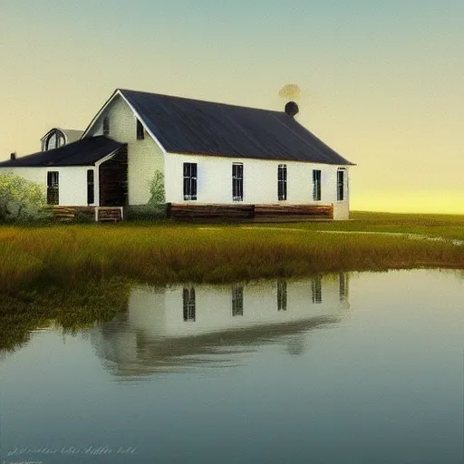 Image similar to farmhouse beside a lagoon, digital art, artstation, Darrel k sweet