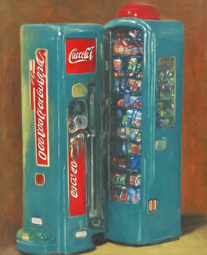 Prompt: achingly beautiful oil painting of 1 9 4 0 s coke vending machine by monet, hopper, and magritte. centered.