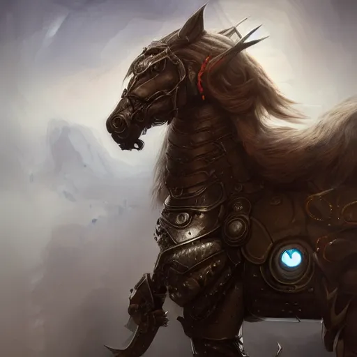 Prompt: Anthropomorphized cybernetic horse in battle armour, D&D, fantasy, cinematic lighting, highly detailed, digital painting, artstation, concept art, smooth, sharp focus, illustration, warm light, cozy warm tint, magic the gathering artwork, volumetric lighting, 8k, no gold, no gold colours, art by Akihiko Yoshida, Greg Rutkowski