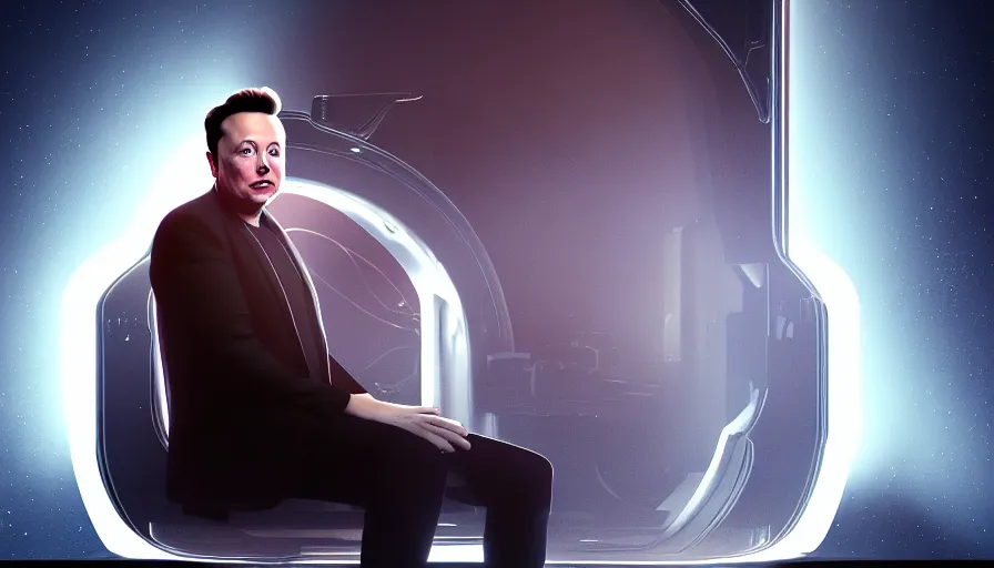 Image similar to elon musk, sitting on a throne, fine details, digital art, volumetric lighting, cinematic light, photorealistic, 4 k, perfect face, fine details