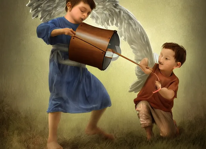 Image similar to angel rescuing little boy from a bad dream with marching drum, highly detailed, sharp focus, digital painting