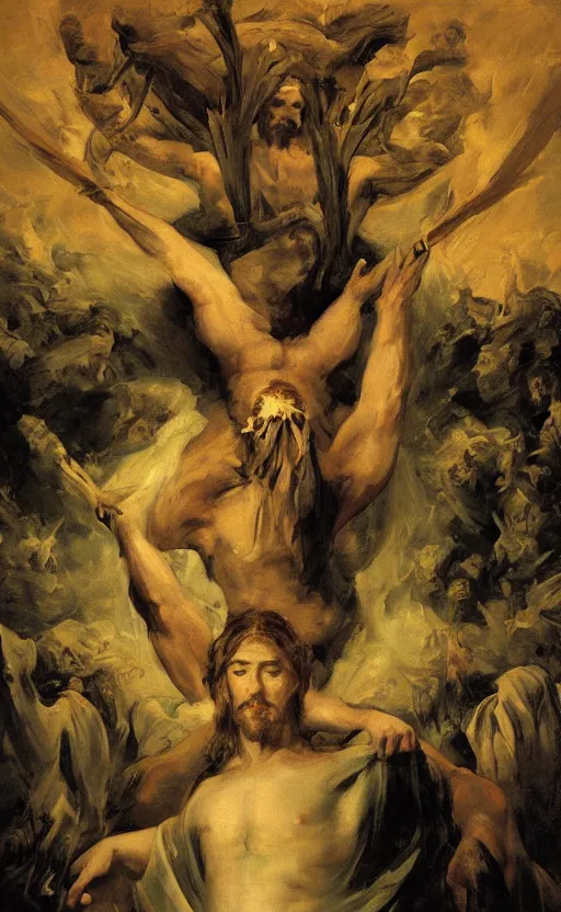 Image similar to jesus christ wearing blindfold!!!!! holding cornucopia!!!!!!! sitting on a huge!!!! throne of entwined bodies, elegant, ominous, highly detailed painting by goya!!! phil hale!! gaston bussiere, craig mullins, j. c. leyendecker, 8 k, mid shot