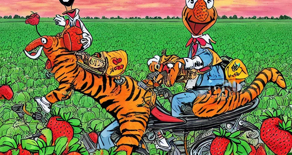 Image similar to gonzo from the muppets riding a tiger in the middle of a strawberry field in the rain, style of a comic book. illustration, 9 0 s, print