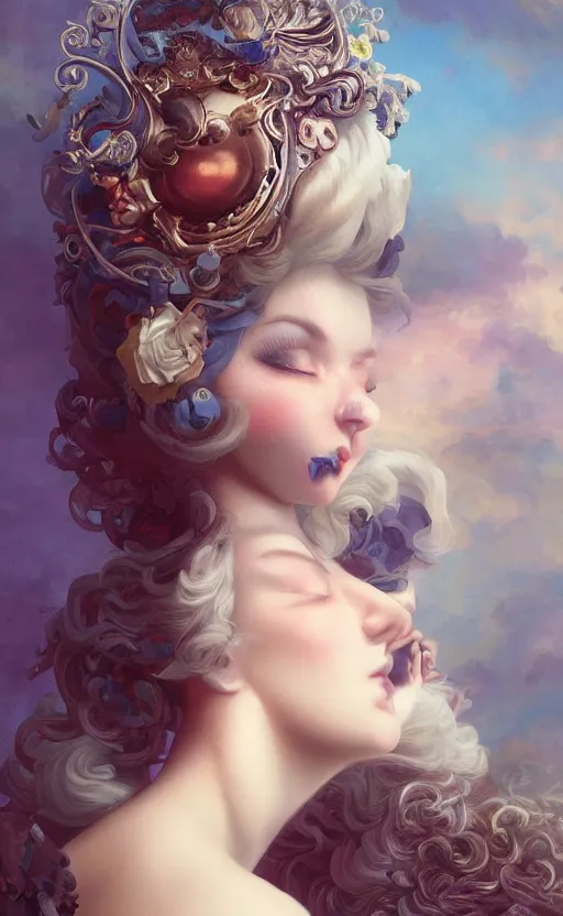 Prompt: pop surrealism, rococo, blue baroque hair, young female seductive - fine - face, pretty face, key visual, realistic shaded perfect face, fine details by stanley artgerm lau, wlop, mark ryden, andrei riabovitchev, marc simonetti, and sakimichan, trending on artstation