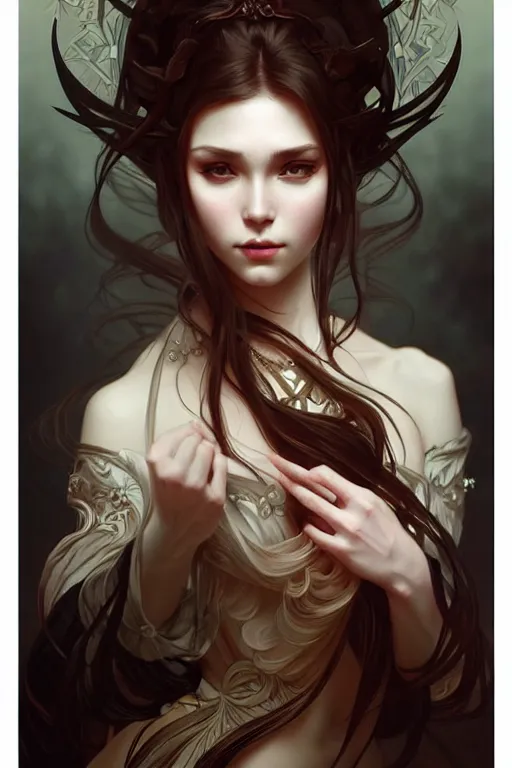 Image similar to beautiful, dark fantasy, intricate, elegant, highly detailed, digital painting, artstation, concept art, matte, sharp focus, illustration, art by artgerm and alphonse mucha