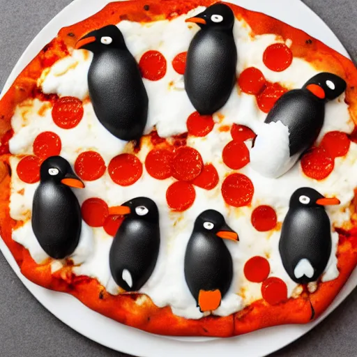 Prompt: small penguins figures on Peperoni pizza, very detailed, 4k, HD