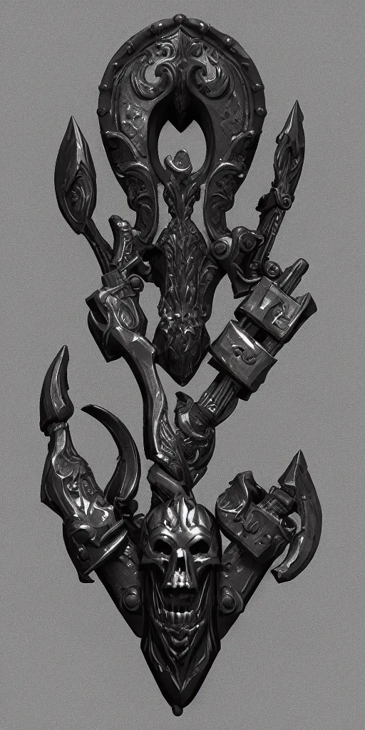 Image similar to a black and silver axe skull crest, ornament, weapon, render by dom qwe, trending on polycount, artstation, hard surface modeling