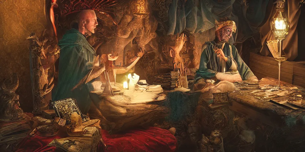 Prompt: wizard performing a tarot reading, cards, fantasy, digital art, soft lighting, 8 k, highly detailed