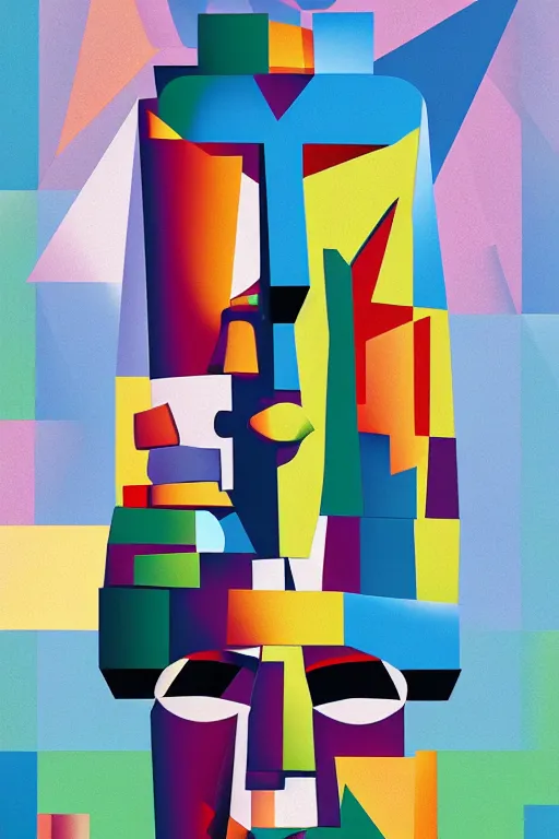 Image similar to cubist moai statue cutout digital illustration cartoon colorful beeple