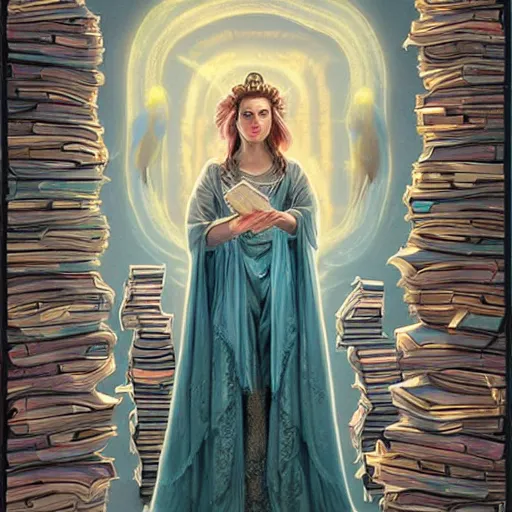 Image similar to a portrait of alexandra breckenridge as the goddess minerva surrounded by stacks of books, and owls, bioluminescent gown with deep level of detail of esoteric symbols, urban motifs, intricate, elegant, highly detailed, digital painting, trending on artstation, concept art, smooth sharp focus, illustration, art by artgerm and greg rutkowski