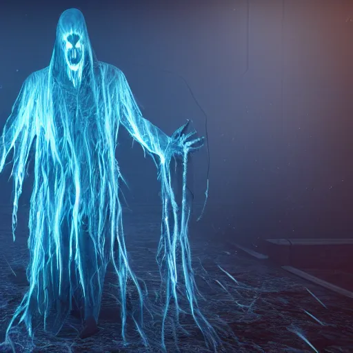 Image similar to A photo of glowing horror ghost demon poltergeist dementor, 8k, ultra detail, volumetric lighting, unreal engine, octane render, ultra realistic, max quality, epic 35 mm lens shot, photorealism