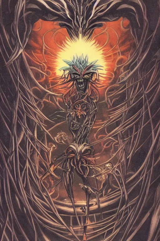 Image similar to Anime Character ryuk in the center giygas epcotinside a space station eye of providence Beksinski Finnian vivid HR Giger to eye hellscape mind character Environmental