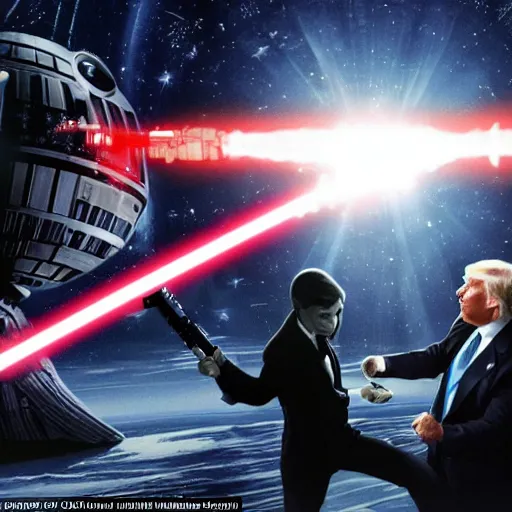 Image similar to donald trump wielding a lightsaber having a lightsaber battle with joe biden in the death star, dynamic lighting, highly detailed