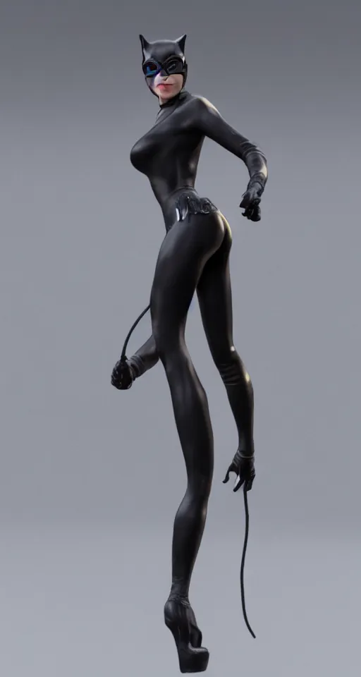 Image similar to full body 3d render of Catwoman, hyperrealistic, video game, character concept, finalRender, octane, Unreal Engine