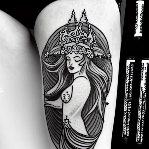 Prompt: a peaceful meditative mermaid wearing a crown, full body, symmetrical, highly detailed black and white new school pinup tattoo design