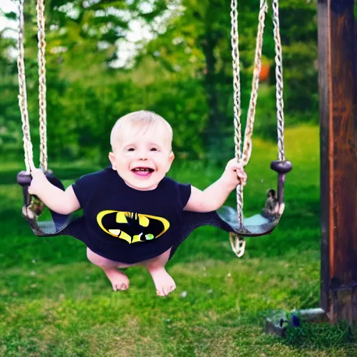 Image similar to batman sits happily on a garden swing, happy face, 8 k photography