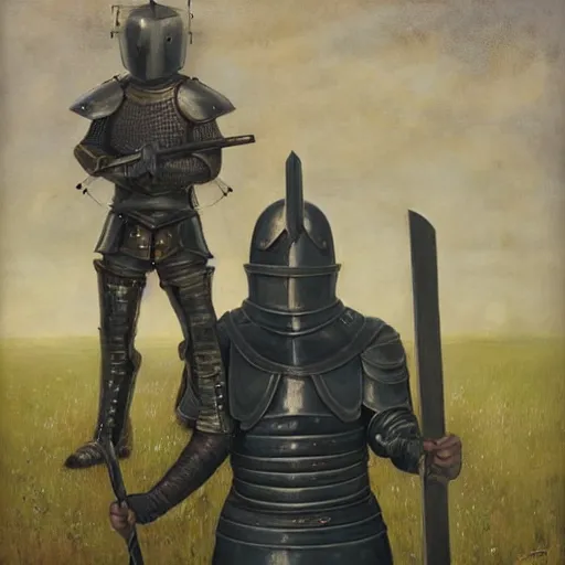 Prompt: a knight in black plate armour, holding a sword pointed to the ground, by andrea kowch