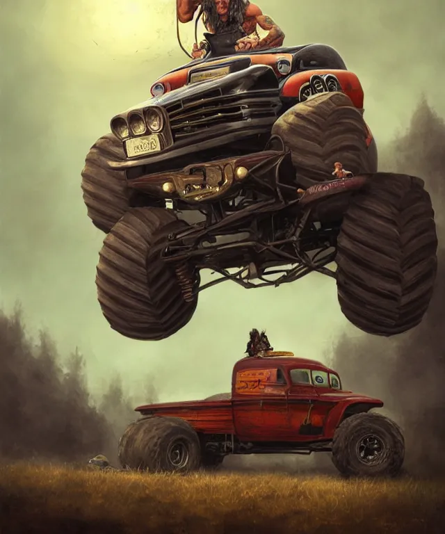 Prompt: danny trejo, cinematic, driving monster truck grave digger, holding a balloon elegant, highly detailed, digital painting, artstation, smooth, hard focus, illustration, art by jessica rossier and and brian froud