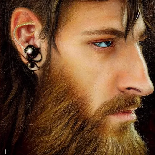 Prompt: photorealistic painting of a male face with piercings, realistic eyes, symmetric face, beautiful bone structure, beard, dark blonde long hair, painting by gaston bussiere