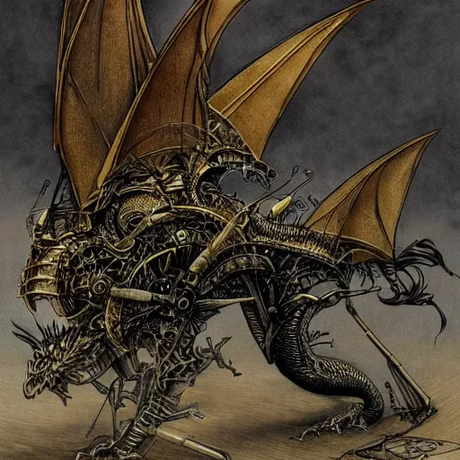 Image similar to dragon flying with steam punk apparatus on it's back, clean lines, really clear, crisp detail, fine pen, artstation, Ian Miller