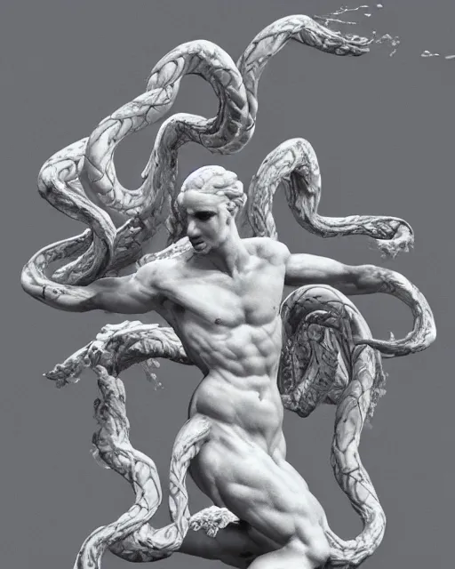 Image similar to an old marble statue of a hydra from herculean myths, hyper realistic, 4 k, grainy marble, hyper detailed