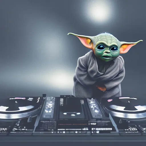 Prompt: full body pose, hyperrealistic photograph of baby yoda as a dj, dim volumetric lighting, 8 k, octane beautifully detailed render, extremely hyper detailed, intricate, epic composition, cinematic lighting, masterpiece, trending on artstation, very very detailed, stunning, hdr, smooth, sharp focus, high resolution, award, winning photo, dslr, 5 0 mm