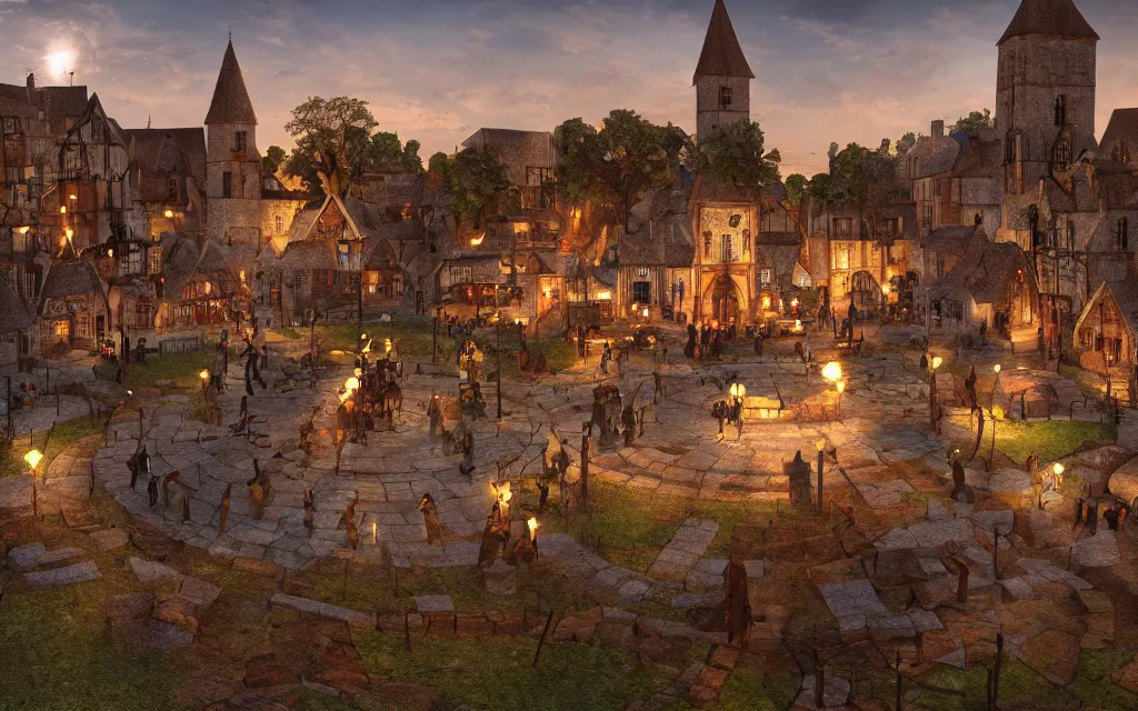 Image similar to the square of a medieval english village with a well in the center, arches, orange light, highly detailed, cinematic lighting, render, fantasy