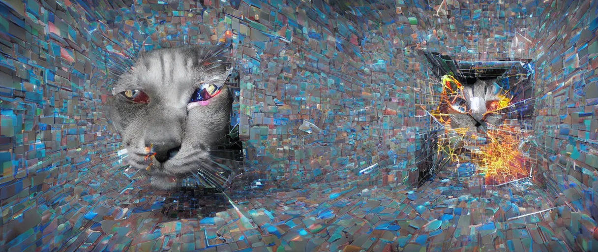 Image similar to 3 d render of schrodinger's cat in a box beeing dead and alive at the same time, 3 d render with elements of glitch art, paradox, quantum superposition, waves and particles, wave function, scifi style, concept art, high detail, particles disintegration, artsation 4 k