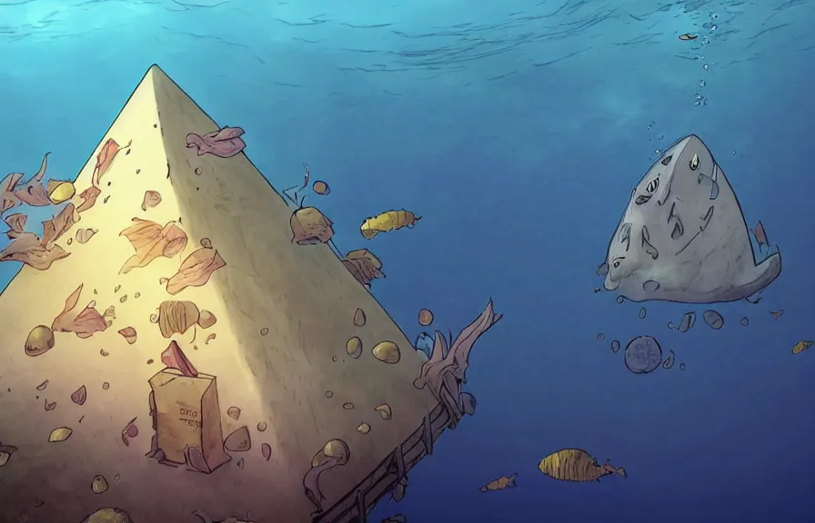 Prompt: a realistic cell - shaded cartoon from howl's moving castle ( 2 0 0 4 ) showing a white pristine pyramid underwater at the bottom of the sea. a submarine is in the ground and shafts of sunlight come from above. wide shot, very dull muted colors, hd, 4 k, hq