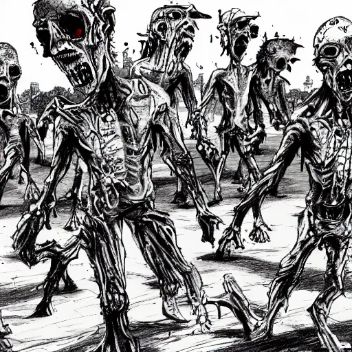 Image similar to zombie horde in an open farm field, drawn by ben templesmith