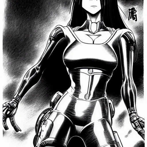 Image similar to alita by yukito kishiro. medium shot. black and white manga. pencil drawing.