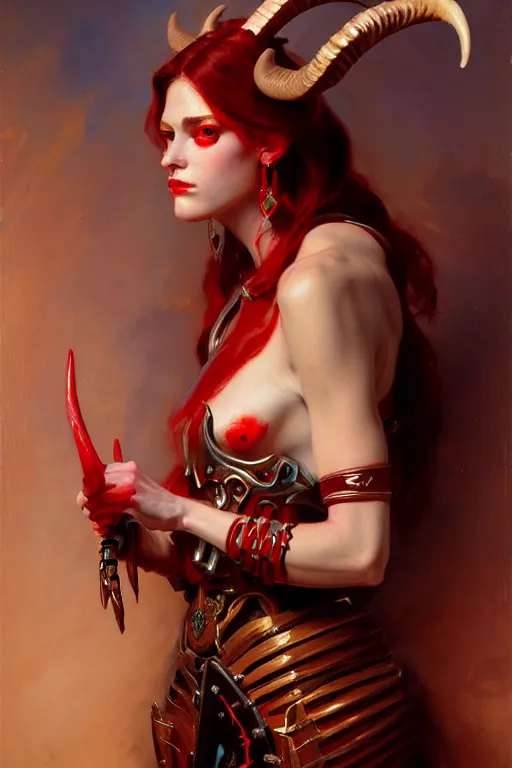 Image similar to painted close - up portrait of a very attractive red - skinned intimidating demon cyborg girl with ram horns! oil painting, wearing a noblewoman's outfit, fantasy art by john singer sargent and gaston bussiere and james jean and greg rutkowski, demon noble character design, hd