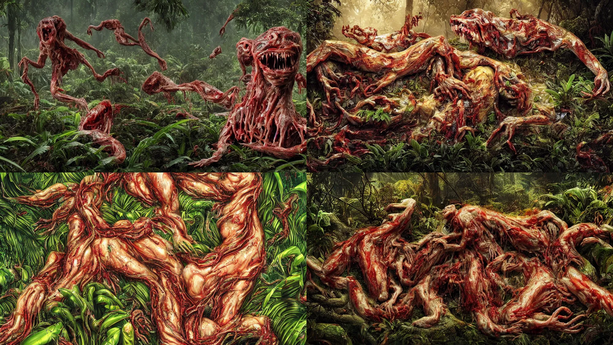 Prompt: an ultra-detailed high-quality hyper-realistic photo of twisted humans melting together, forming a massive livid amorphous mass of blood-oozing body horror composed of random limbs, translucent and slimy flesh, patches of fur, eyes, teeth, and intestines falling out and slithering, in a deep lush jungle at night, hazy atmosphere