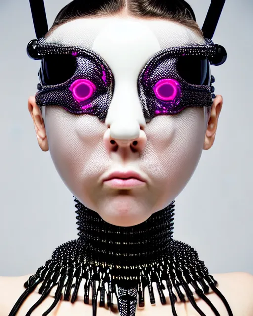 Image similar to symmetrical portrait of a biomechanical cyborg wearing a silicone swarovski studded iridescent beauty mask and neon hair buns, wearing a black bodysuit by alexander mcqueen, cream white background, soft diffused light, biotechnology, humanoid robot, bjork aesthetic, translucent, by rineke dijkstra, intricate details, highly detailed, masterpiece,