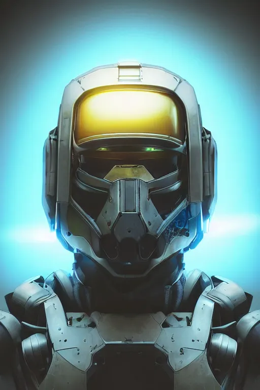 Image similar to portrait shot of a neo solar punk robot ninja mask helmet halo 2 0 9 9 futuristic design master chief full body shot futuristic booster boot gear, symmetrical features radiating a glowing aura global illumination ray tracing hdr fanart arstation by ian pesty and katarzyna da „ bek - chmiel