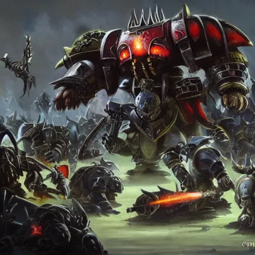 Image similar to Epic battle between Astartes and orcs in the world of Warhammer 40,000, retro futurism style