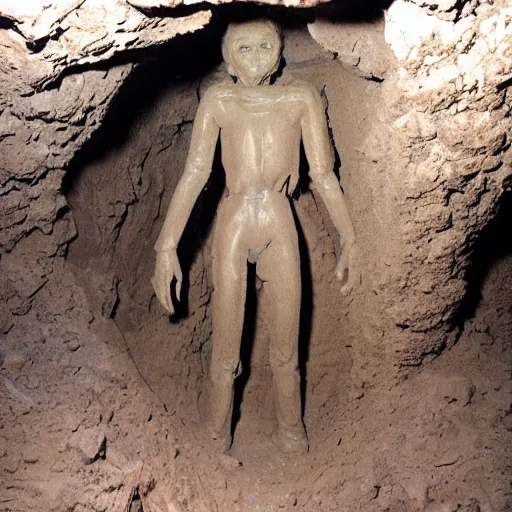Prompt: found footage of a humanoid made of wet clay and mud forming out of a wall inside of a cave made of wet clay, creepy, flash photography, unsettling, moist, low quality, dark environment, cavern, spelunking