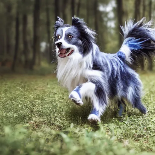 Image similar to blue Merle australian Shepard running through a forest, photography, hyper realistic