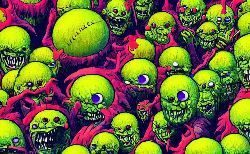 Image similar to an army of differnt tennis ball monsters, colorful, digital art, fantasy, magic, chalk, trending on artstation, ultra detailed, professional illustration by basil gogos