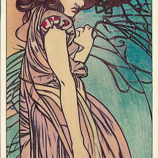 Prompt: a girl with a spider, colored woodcut, flat pastel colors, by Mackintosh, by Alfons Mucha, art noveau, by Hokusai