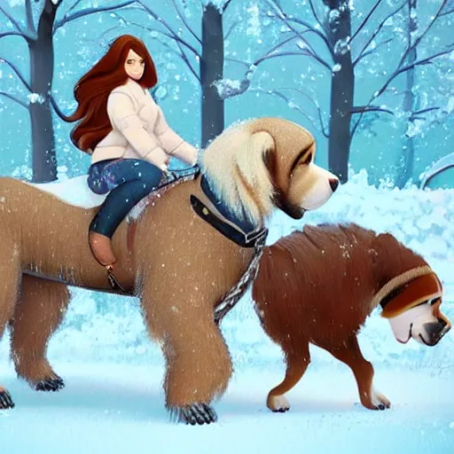 Image similar to girl riding a giant saint Bernard in a snowy park, trending on artstation